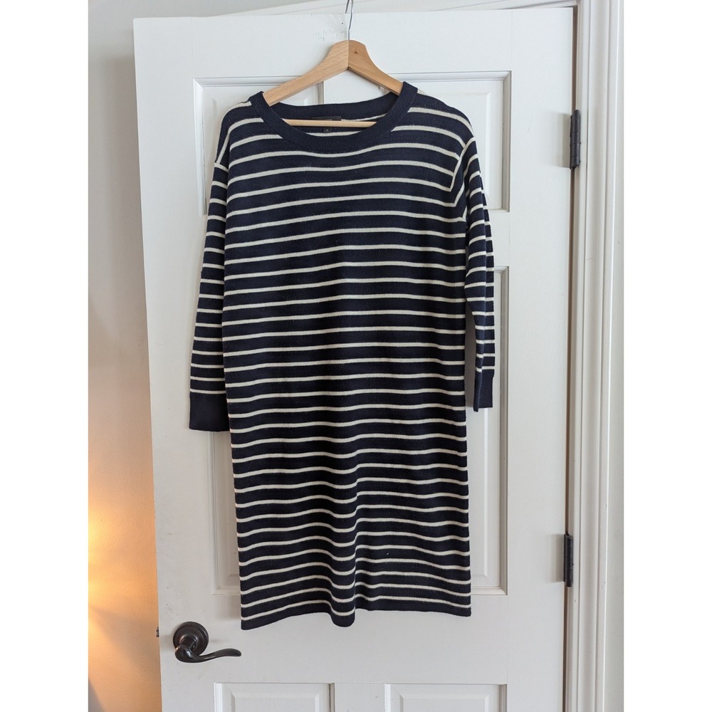 J Crew Woman's Size M 100% Merino Wool Navy Stripe Sweater Midi Dress Straight